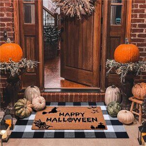 Halloween Doormat Combo Set, 100% Coco Coir Welcome Mat + 28x43 Inches Plaid Mat